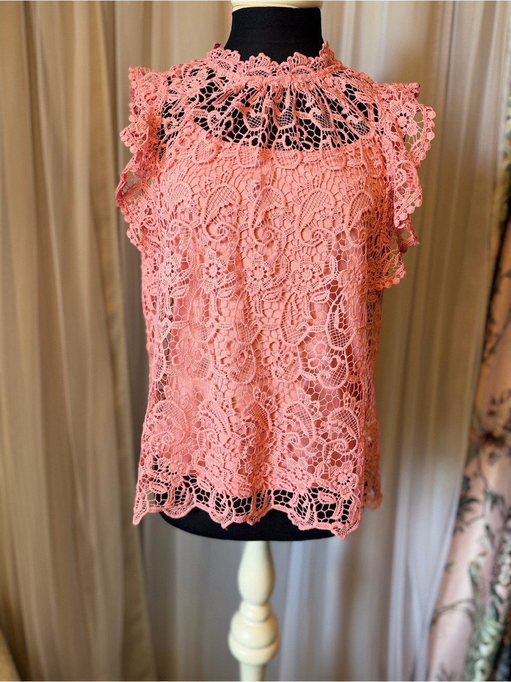 ADIVA Coral Pink Crochet Lace Ruffle Sleeve Blouse Size S